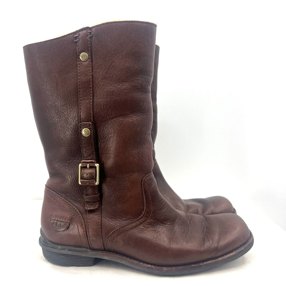 UGG Bellevue Brown Leather Shearling Lined Mid Calf Boots Womens Size 8.5